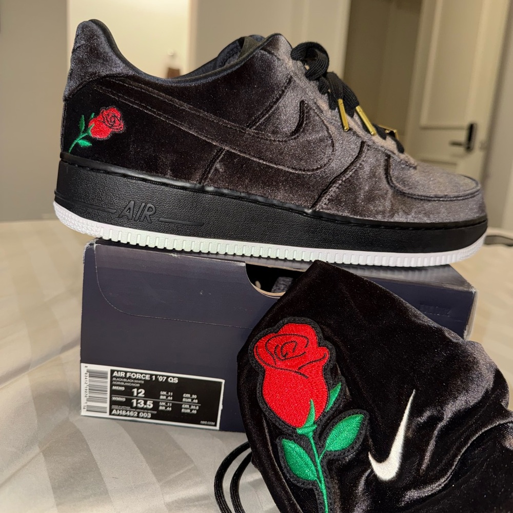 Nike Black Velvet Sneakers with Red Rose Embroidery